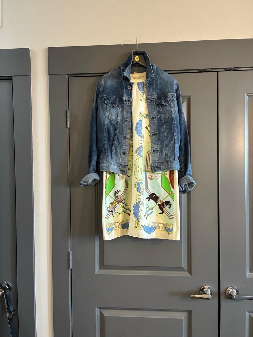 Tory Burch Silk from Printed Dress With Dressed AG Denim Jacket
